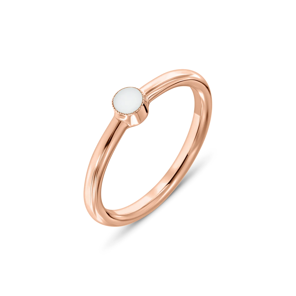 Amy Muttermilchring in Roségold, schmales Band mit kleinem rundem Muttermilchstein in Fassung mit feinem Perlrand