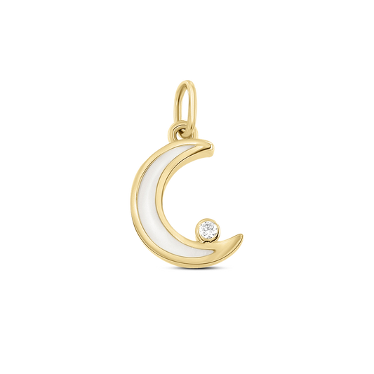 Halbmond-Anhänger aus goldfarbenem Metall mit einer weißen Muttermilch-Kunstharzfläche und einem kleinen, funkelnden Stein.