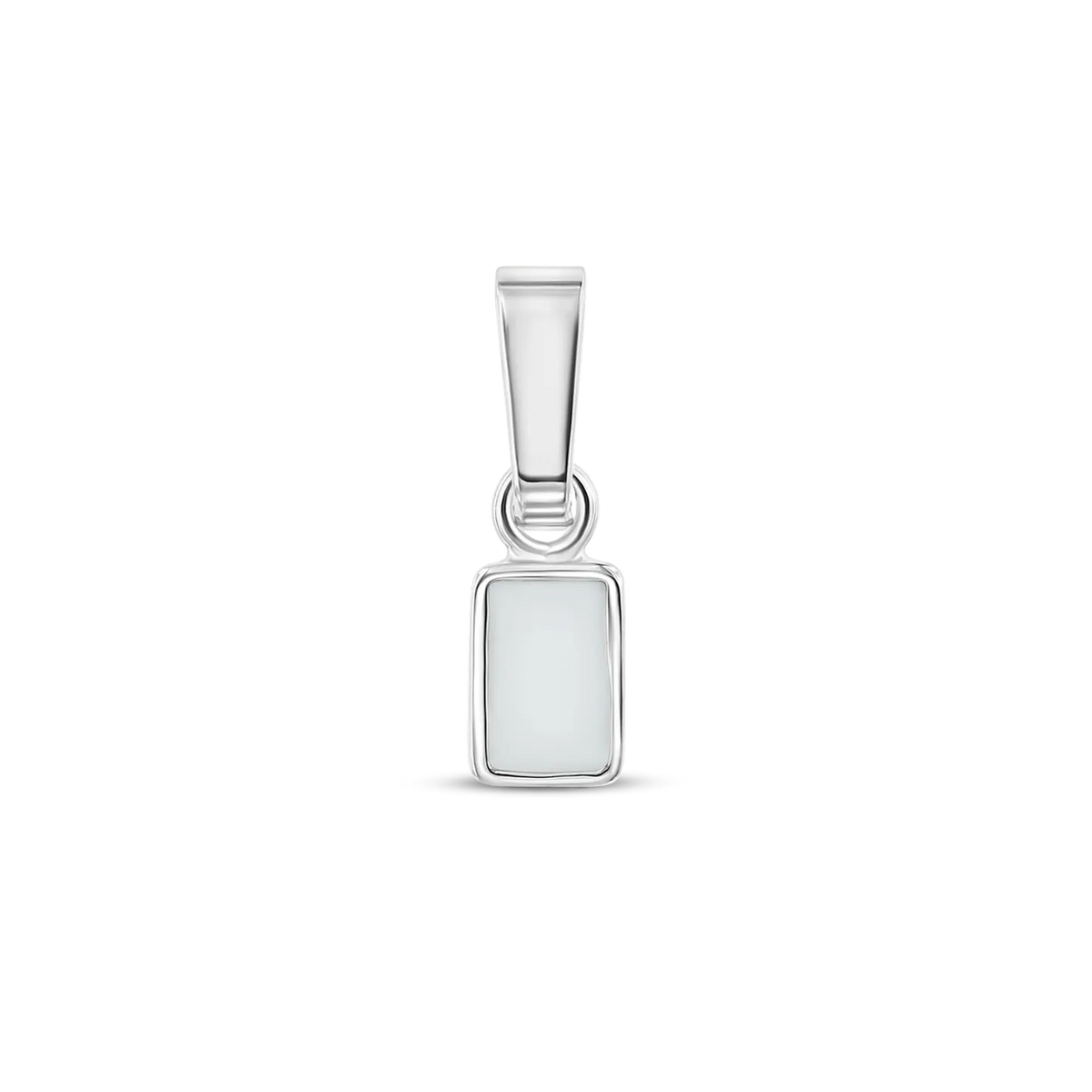 Rechteckiger Anhänger aus glänzendem Silber mit einer Fläche aus Muttermilch-Kunstharz.