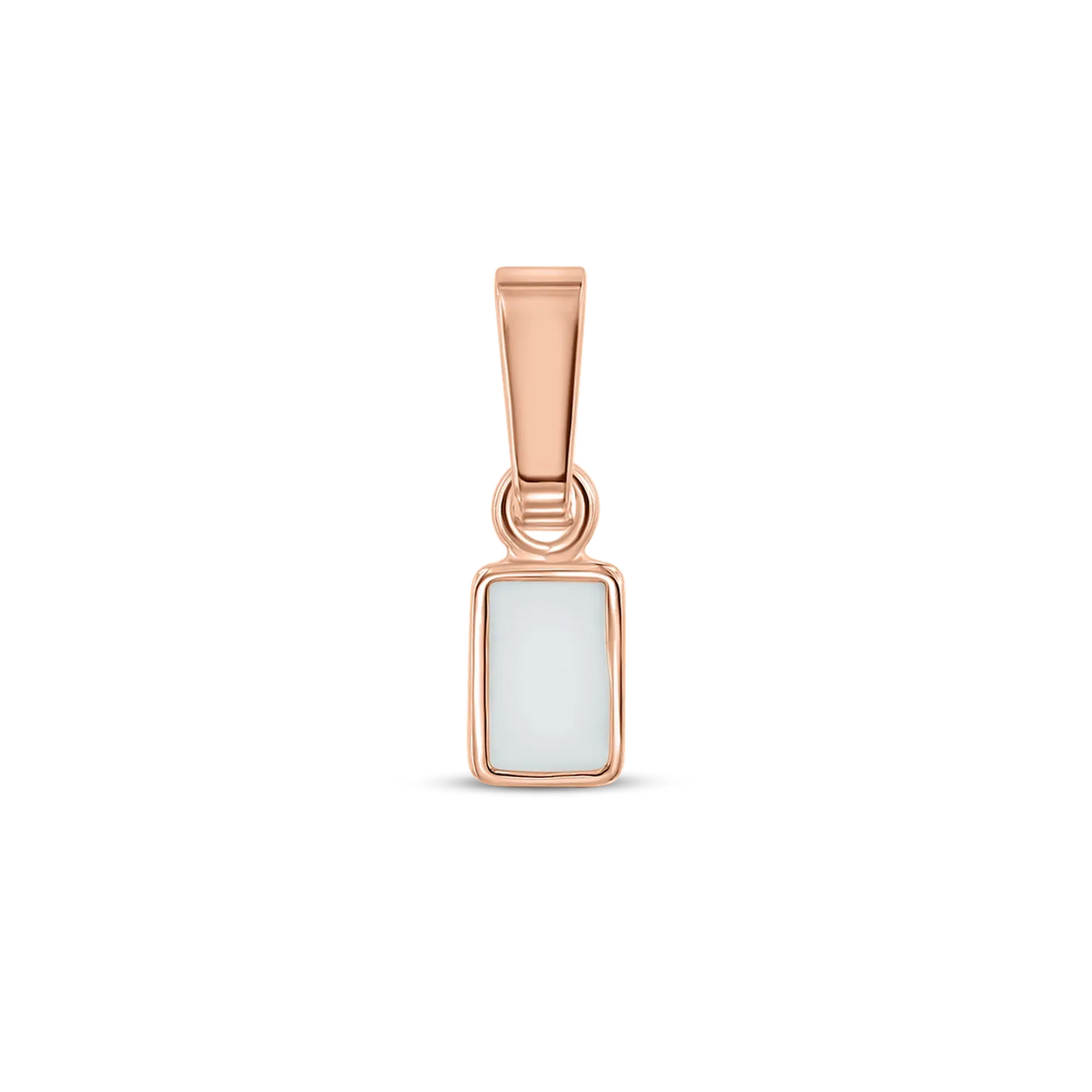 Roségoldener Anhänger in rechteckiger Form mit einer Fläche aus Muttermilch-Kunstharz.