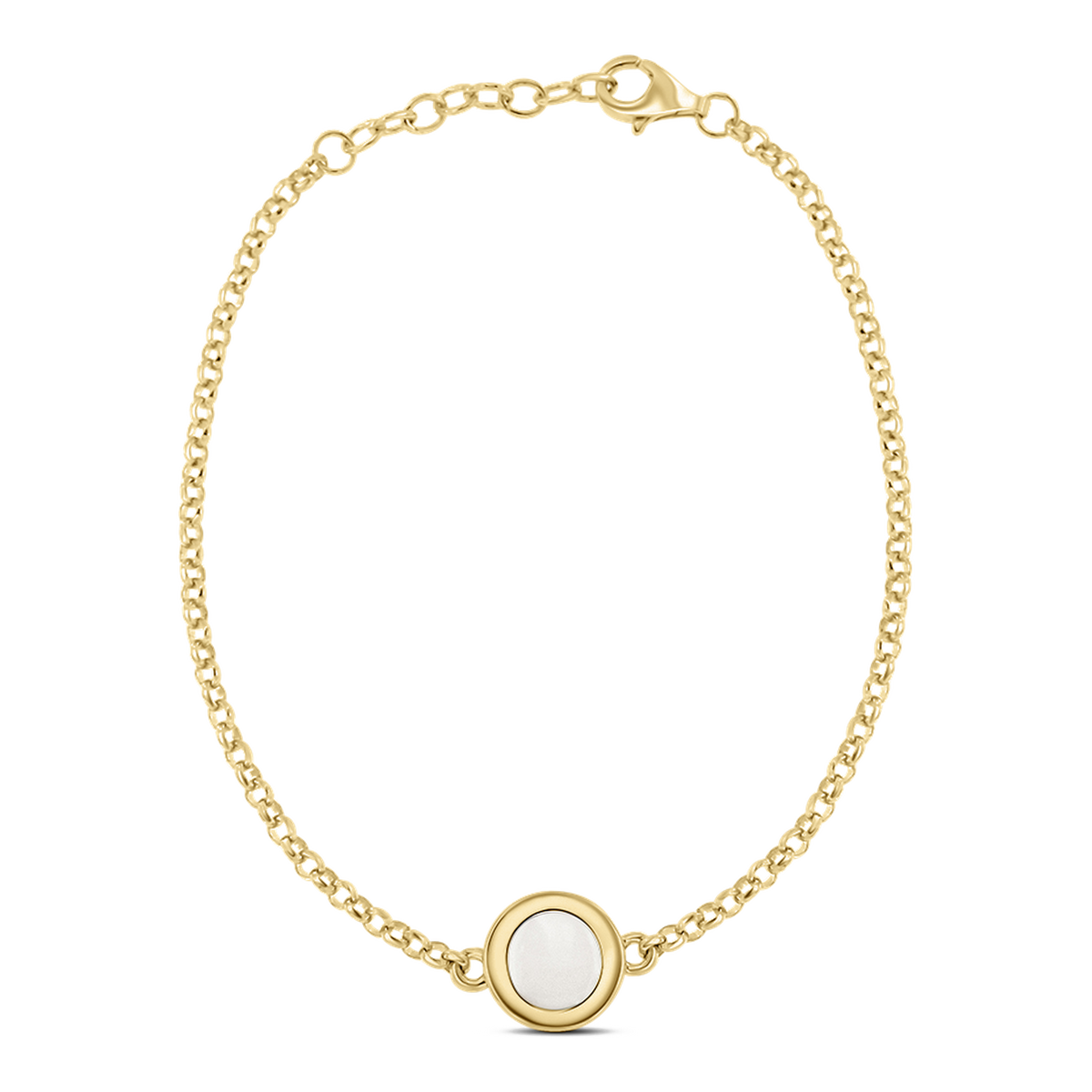 Goldenes Armband mit einer runden, weißen Muttermilch-Kunstharzfläche in einer goldenen Fassung.