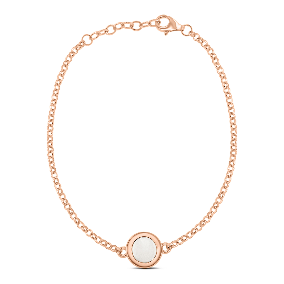 Roségoldenes Armband mit einer runden Fassung, die eine glatte, weiße Fläche aus Muttermilch-Kunstharz zeigt.
