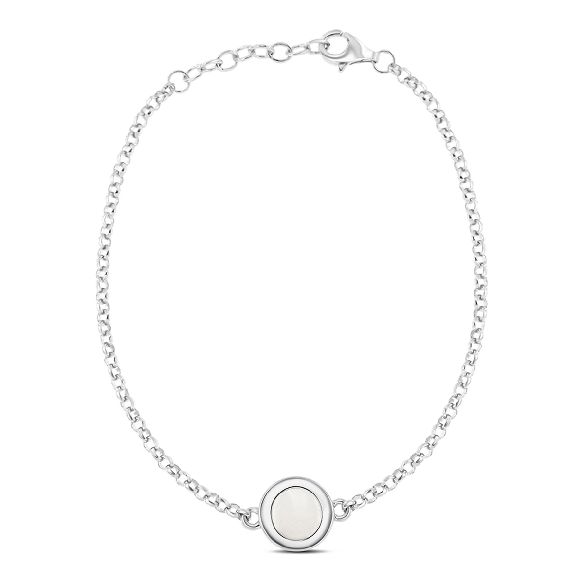 Muttermilch-Armband Circle of Life in Weißgold-Optik mit rundem Muttermilchstein in breitem glattem Rand und Verlängerungskette.