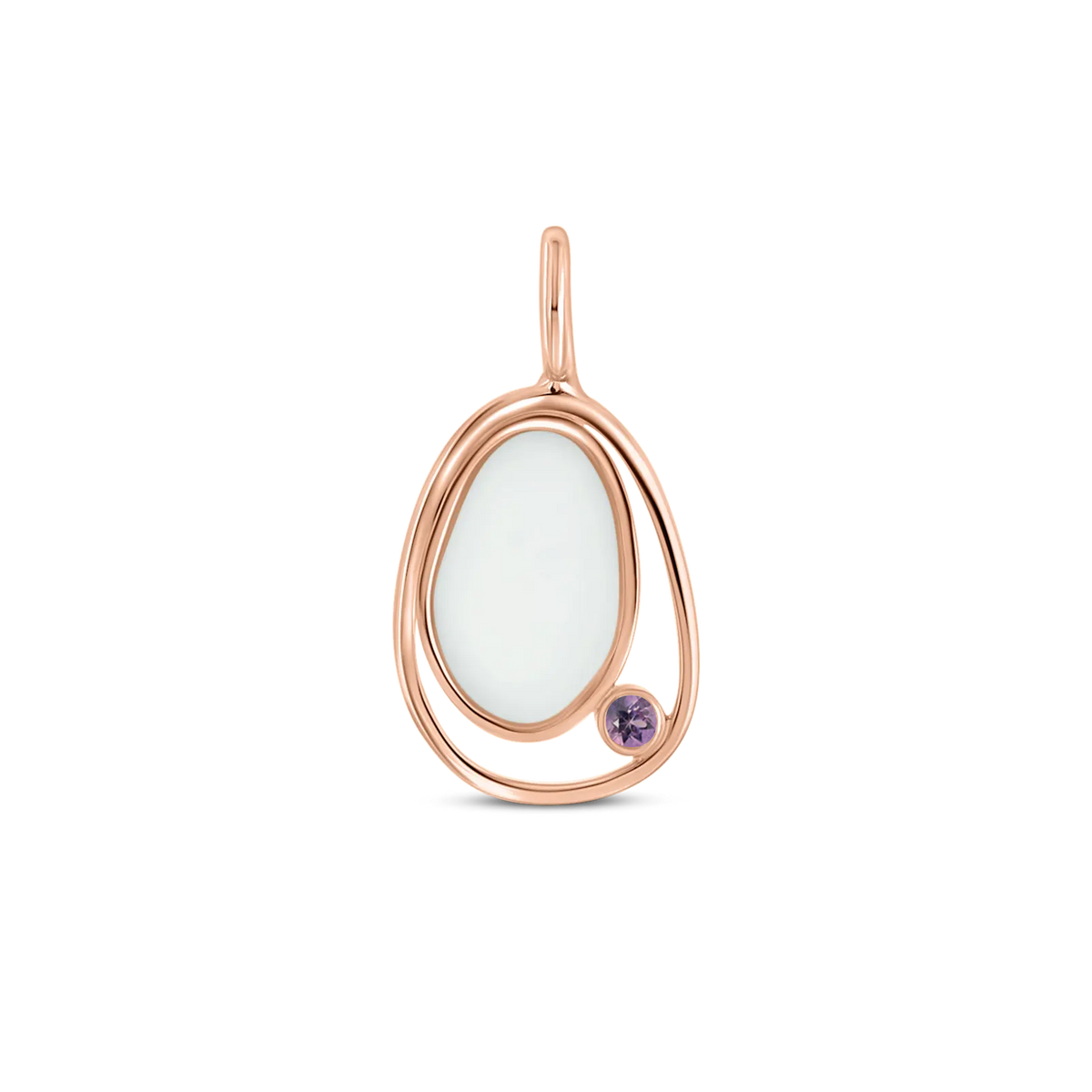 Danique Muttermilch-Anhänger in Roségold: kieselförmiger Muttermilchstein in freier Drahtlinie, unten lila Amethyst (Geburtsstein Juni).