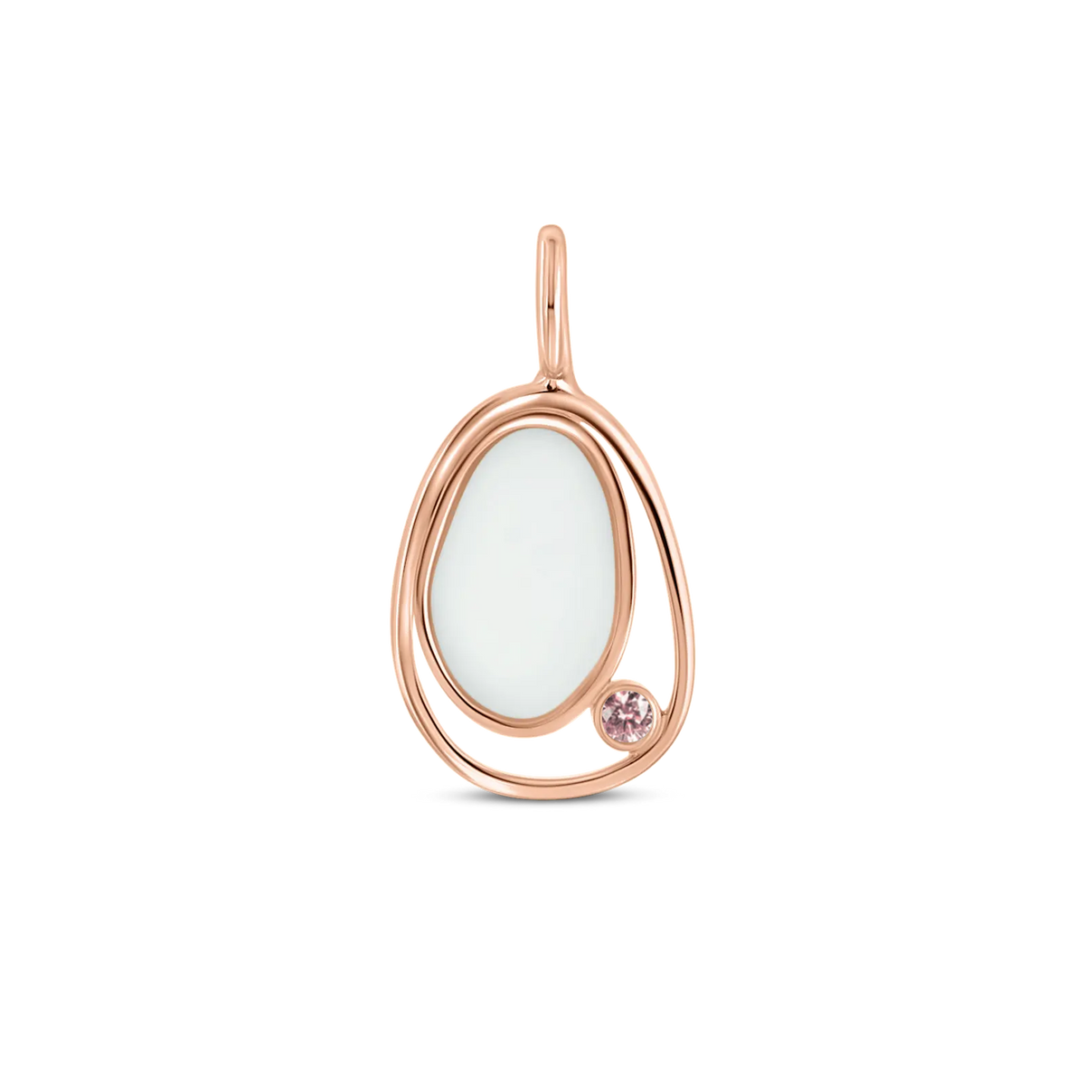 Muttermilch-Anhänger in Roségold mit ovaler, weißer Kunstharzfläche und einem kleinen, rosa Stein.