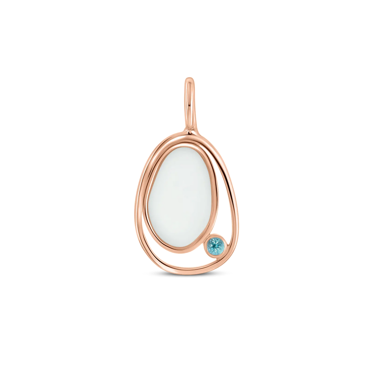 Roségoldener Anhänger in Eiform mit einer Fläche aus Muttermilch-Kunstharz und einem kleinen blauen Stein.