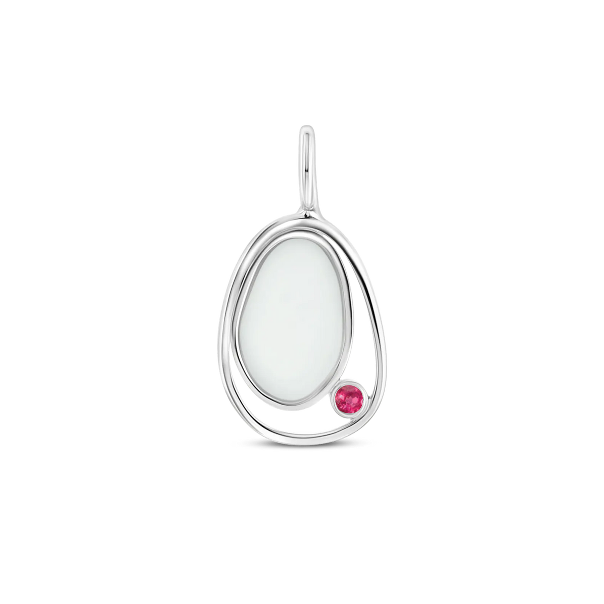Ovaler Anhänger aus silbernem Metall mit einer flachen Fläche aus Muttermilch-Kunstharz und einem kleinen, pinken Stein.
