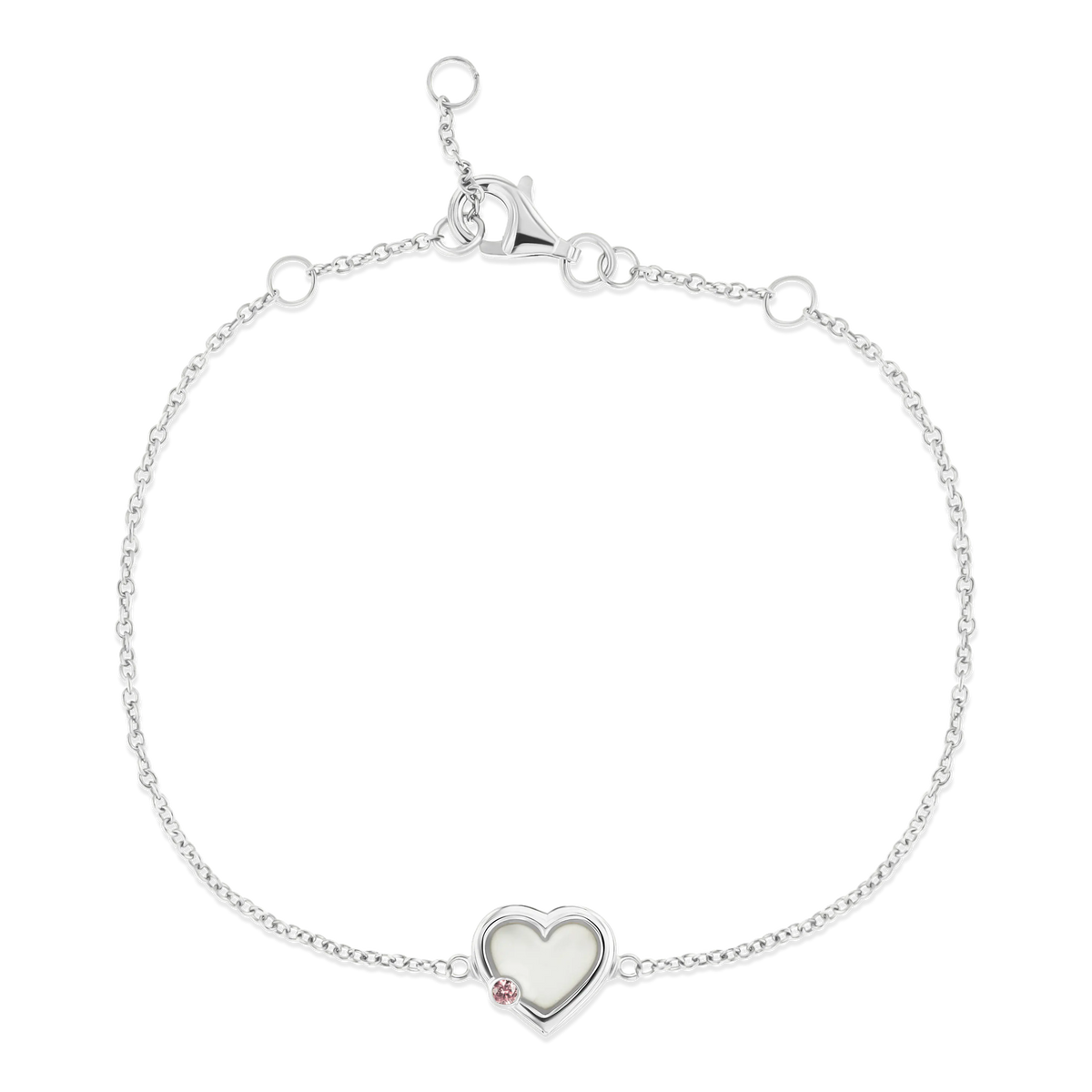 Silbernes Muttermilch-Armband Esmée mit Herz aus Muttermilch und kleinem rosafarbenem Geburtsstein unten links am Herzrand.