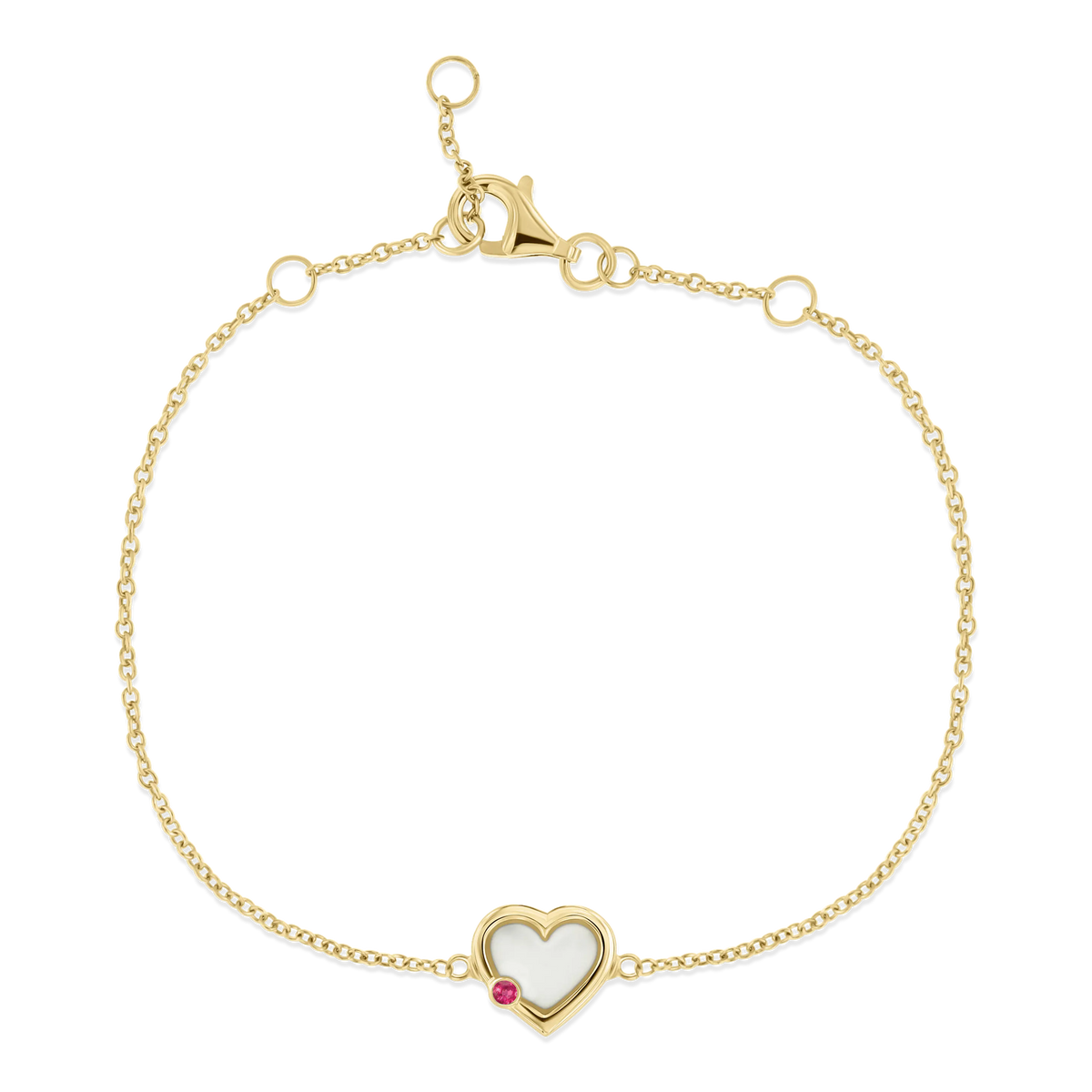 Goldenes Armband mit herzförmigem Anhänger aus Muttermilch-Kunstharz und rotem Stein.