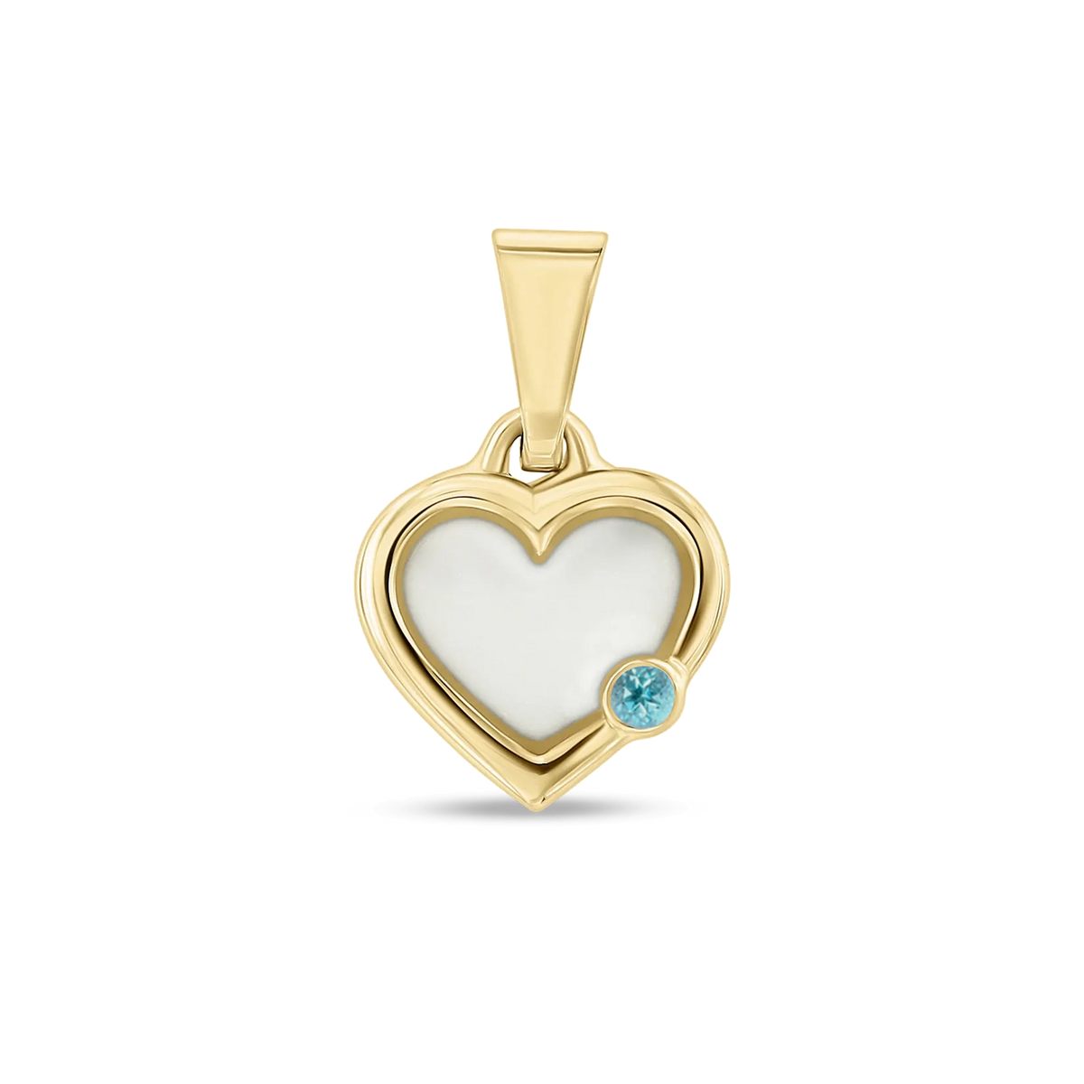 Esmée Muttermilch-Anhänger in Gelbgold: Herz mit doppeltem Rand, weißem Muttermilchstein und hellblauem Aquamarin (Geburtsstein März) unten rechts.
