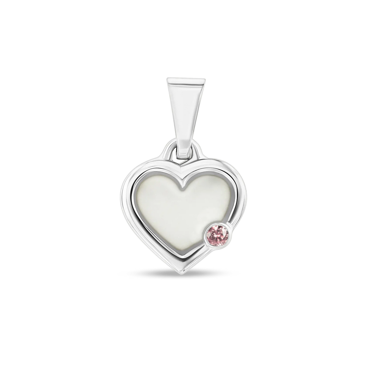 Herzförmiger Anhänger aus Silber mit einer Fläche aus Muttermilch-Kunstharz und einem pinken Stein.