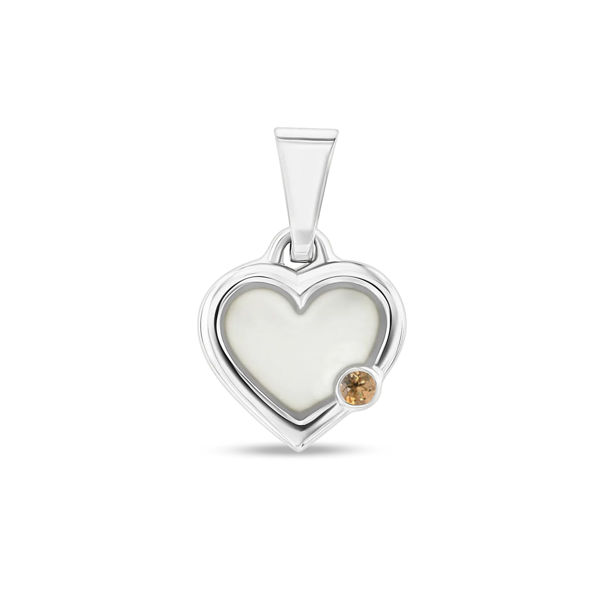 Herzförmiger Anhänger aus Silber mit einer Fläche aus Muttermilch-Kunstharz und einem kleinen, goldfarbenen Stein.