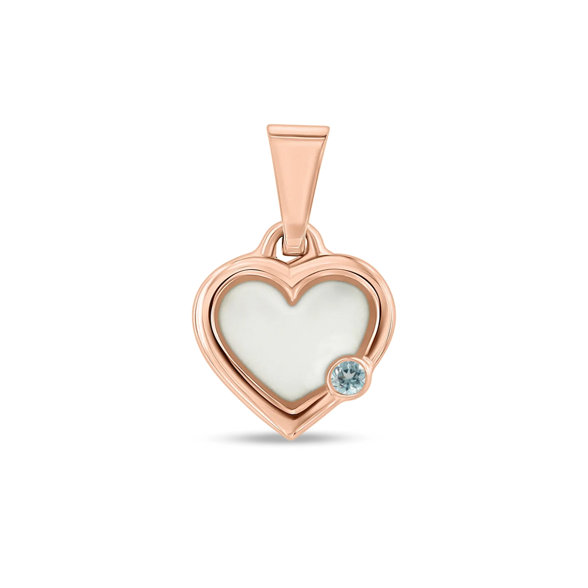 Herzförmiger Anhänger aus Roségold mit einer Fläche aus Muttermilch-Kunstharz und einem kleinen blauen Stein.