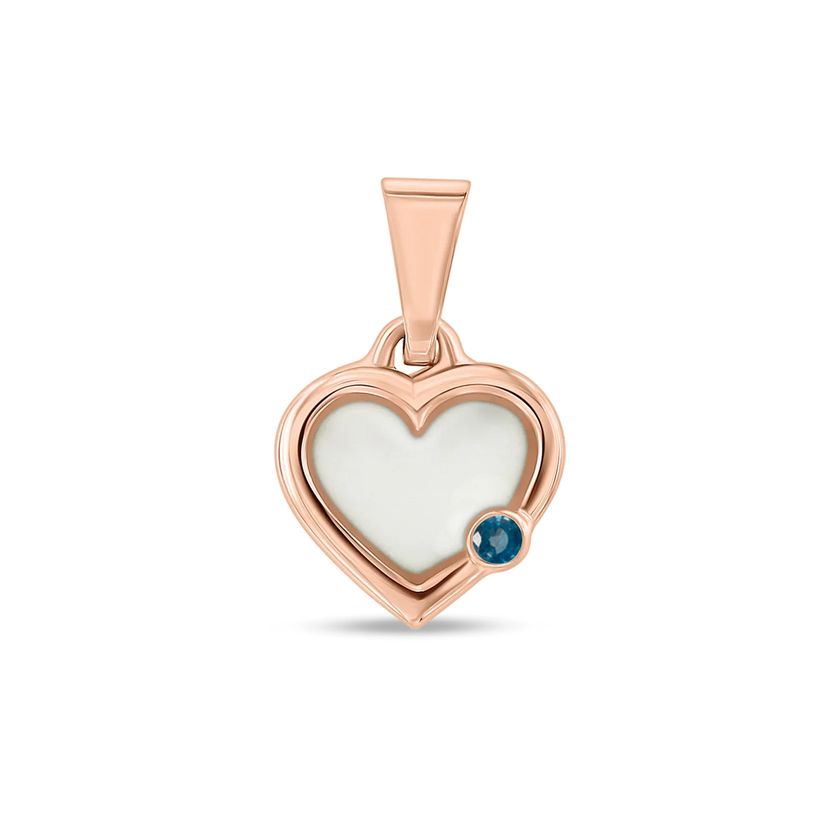 Herzförmiger Anhänger aus Roségold mit einer Fläche aus Muttermilch-Kunstharz und einem blauen Stein.