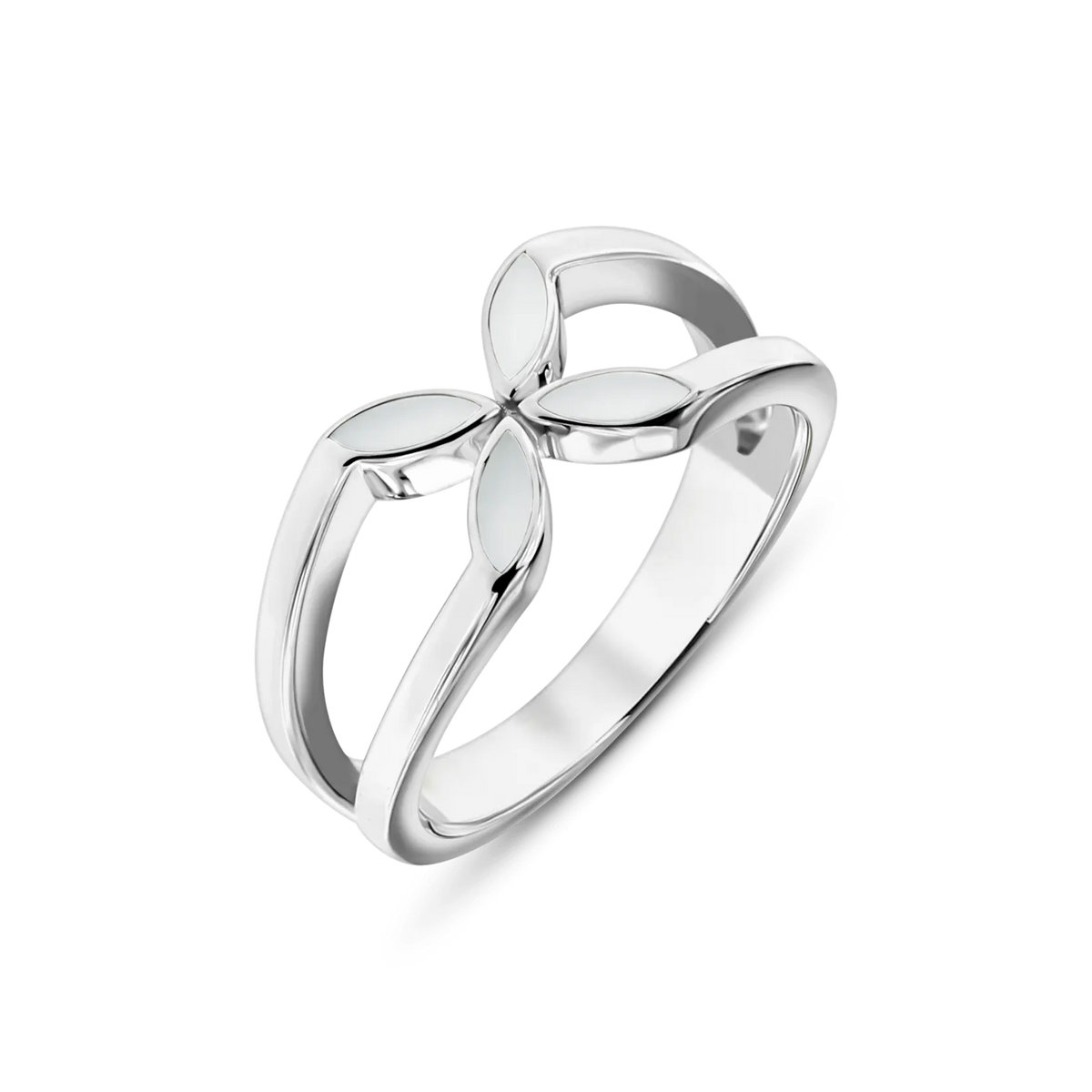 Fleur Muttermilchring in Silber, Blüte aus vier spitzen weißen Muttermilchblättern auf beidseitig geteiltem Band