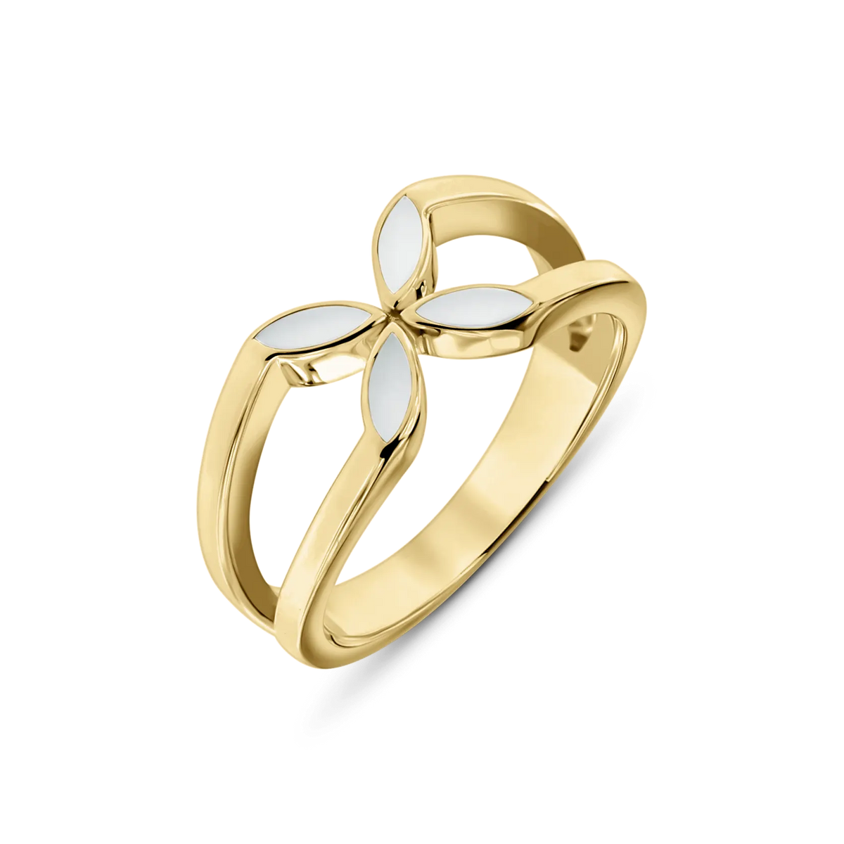 Fleur Muttermilchring in Gelbgold mit Blüte aus vier spitzen Blättern voller Muttermilch und geteiltem Ringband