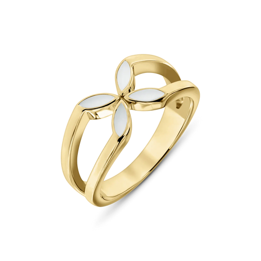 Fleur Muttermilchring in Gelbgold mit Blüte aus vier spitzen Blättern voller Muttermilch und geteiltem Ringband