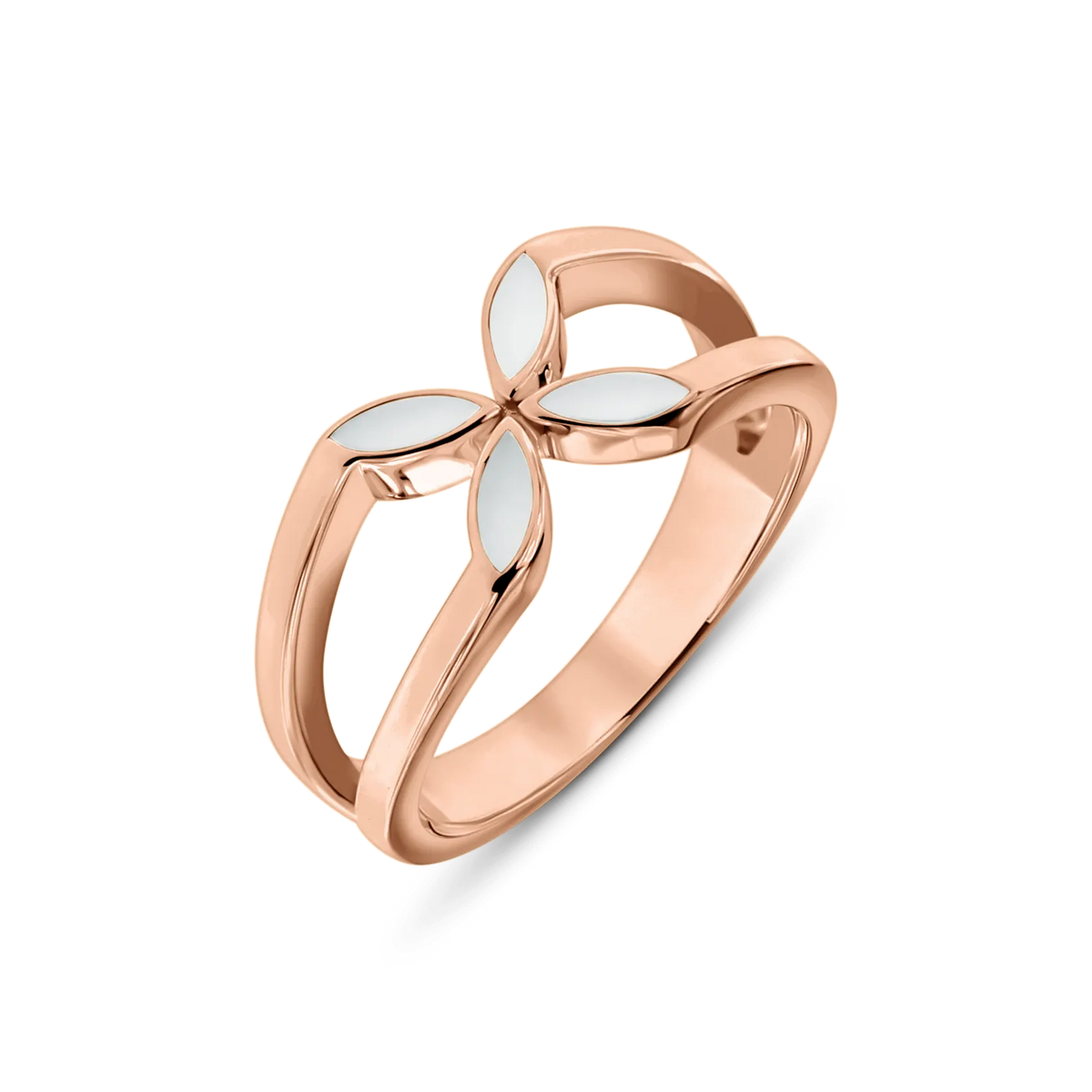 Fleur Muttermilchring in Roségold mit vier weißen Muttermilchblättern als Blüte und offenem, geteiltem Band