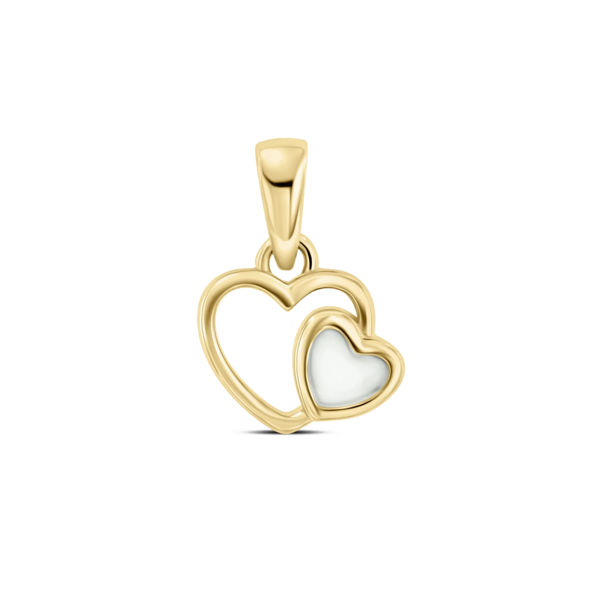 Zwei ineinander verschlungene Herzen aus goldfarbenem Metall mit einer Fläche aus Muttermilch-Kunstharz.