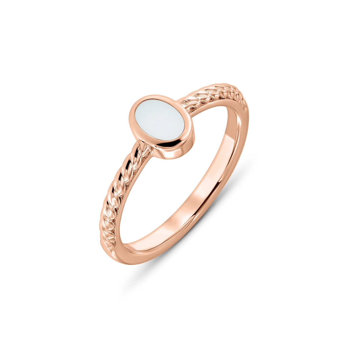 Roségoldener Ring mit geflochtenem Design und ovaler Fläche aus Muttermilch-Kunstharz.