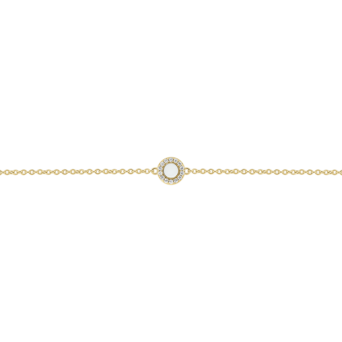 Muttermilch-Armband Juul in Gelbgold mit rundem Muttermilchstein, umgeben von einem Kranz kleiner klarer Steinchen.