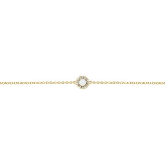 Muttermilch-Armband Juul in Gelbgold mit rundem Muttermilchstein, umgeben von einem Kranz kleiner klarer Steinchen.