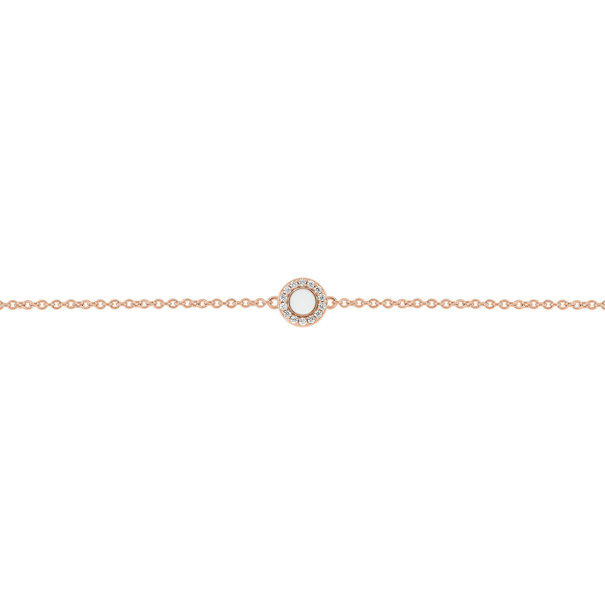 Muttermilch-Armband Juul in Roségold mit rundem Muttermilchstein, umgeben von einem Kranz kleiner klarer Steinchen.
