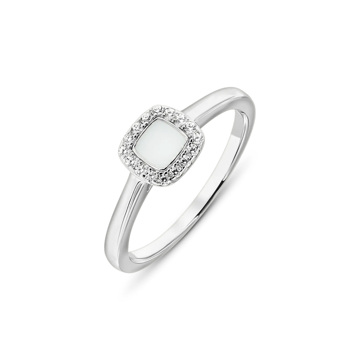 Silberner Ring mit quadratischer Muttermilch-Kunstharzfläche, umgeben von funkelnden Zirkonia-Steinen.