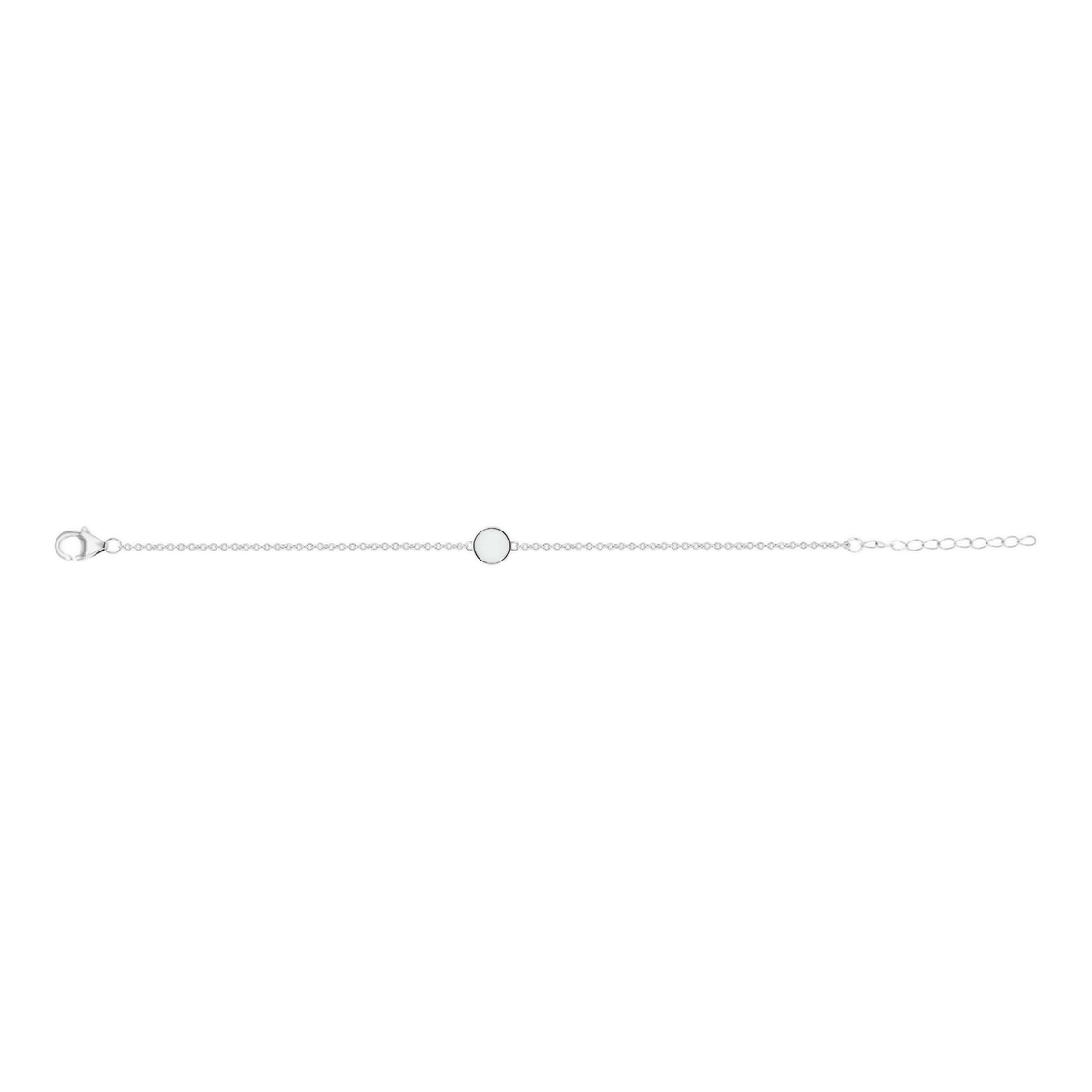 Silbernes Muttermilch-Armband Lis liegend mit rundem Muttermilchstein, Karabinerverschluss und Verlängerungskette.