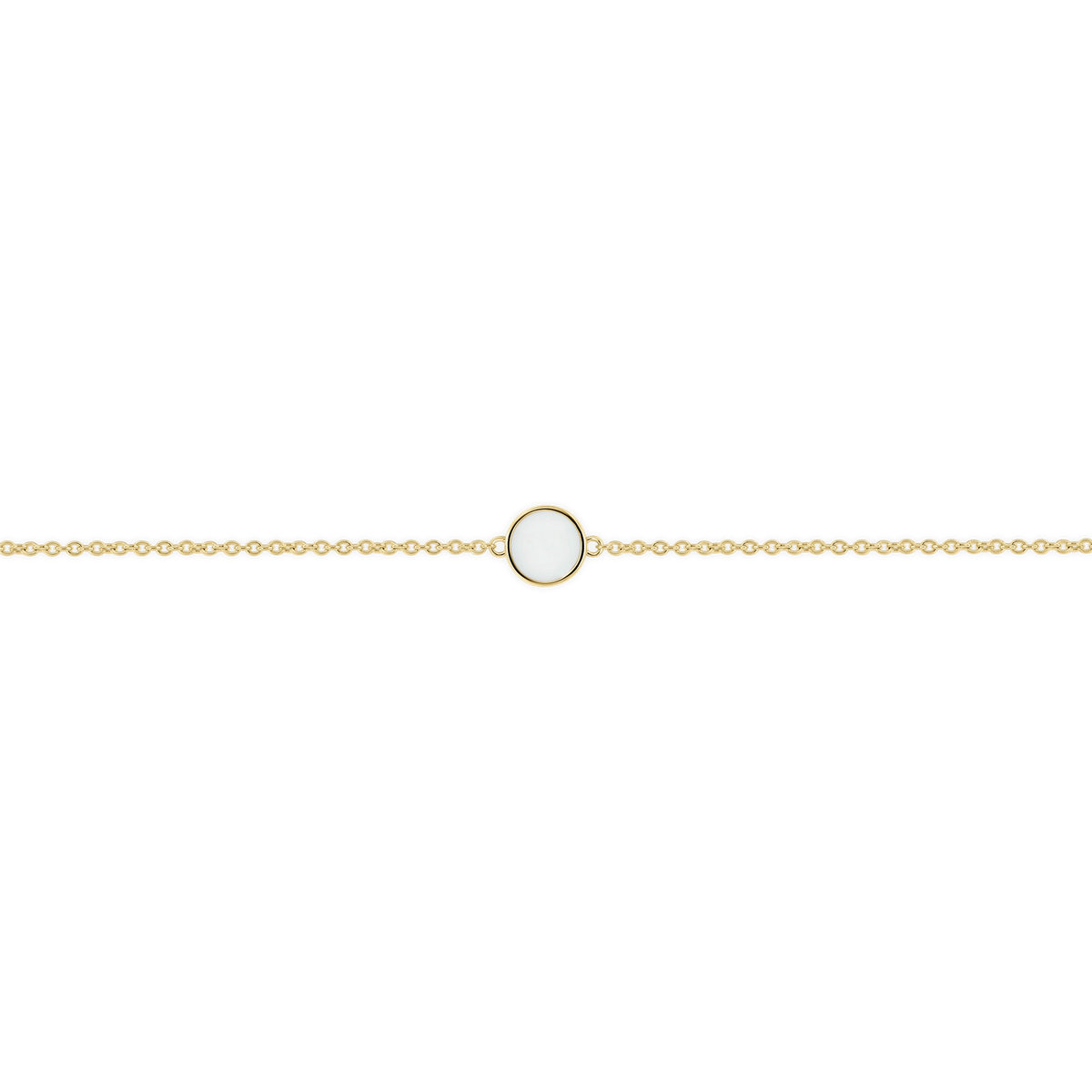 Muttermilch-Armband Lis in Gelbgold mit flachem rundem Muttermilchstein in schmalem Rand an feiner Kette.