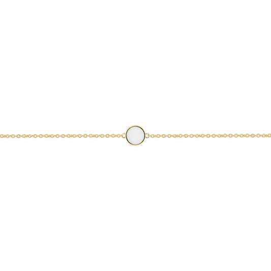Muttermilch-Armband Lis in Gelbgold mit flachem rundem Muttermilchstein in schmalem Rand an feiner Kette.