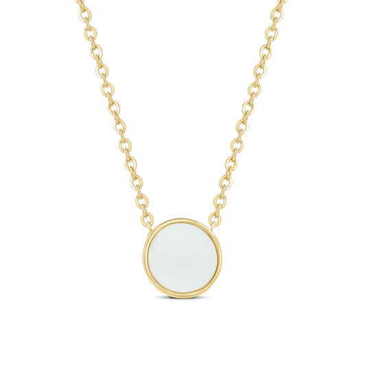 Kette aus goldfarbenem Metall mit runder Fassung und einer glatten, weißen Fläche aus Kunstharz.