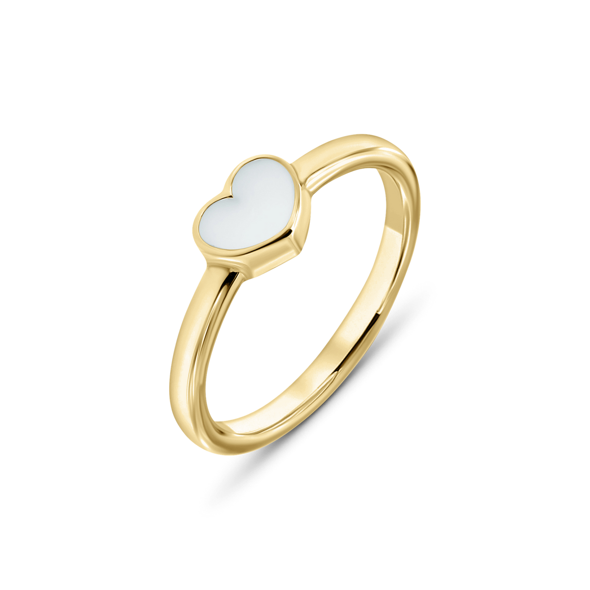 Goldener Ring mit herzförmigem, weißem Muttermilch-Kunstharz in der Fassung.