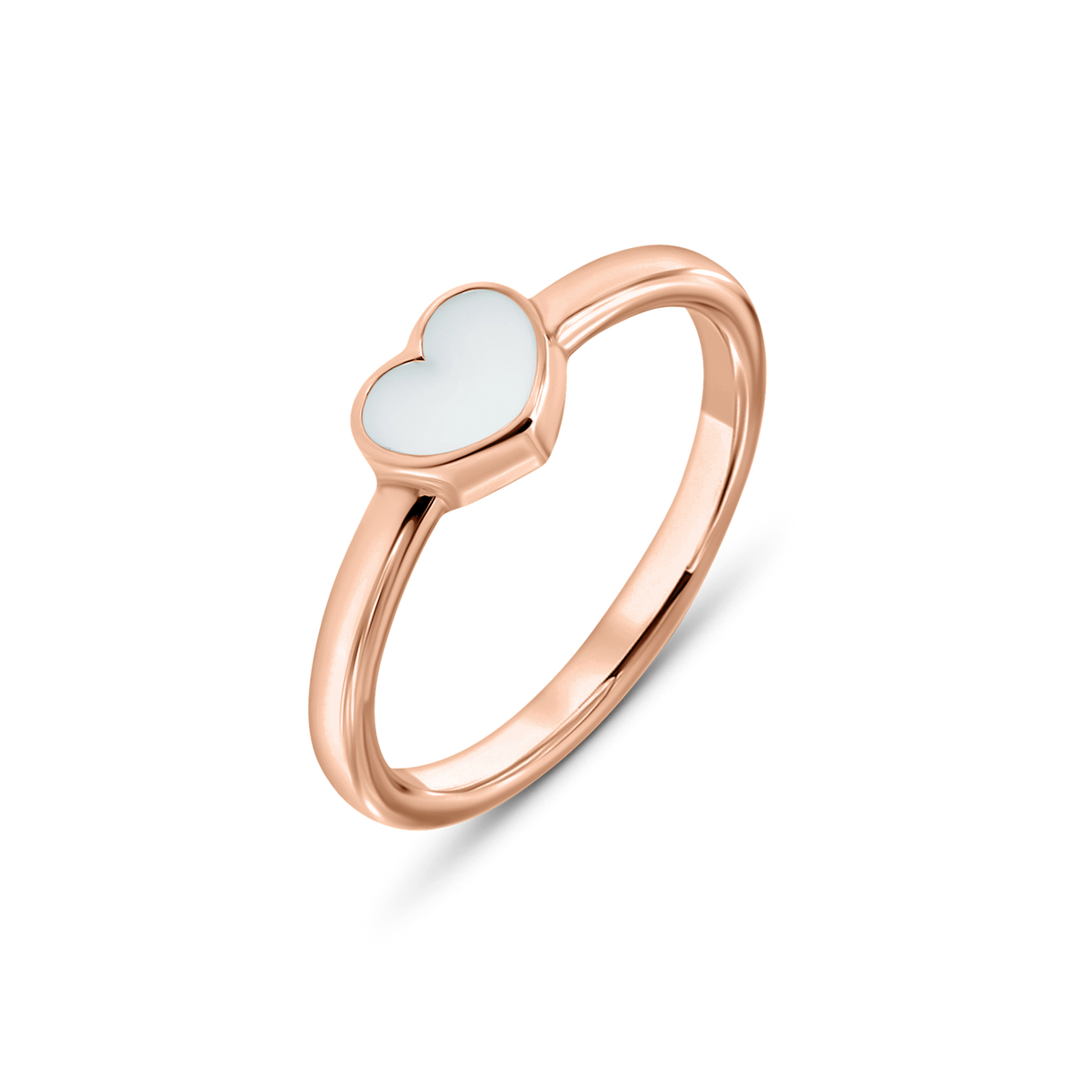 Roségoldener Ring mit herzförmigem Element aus Muttermilch-Kunstharz in Weiß.