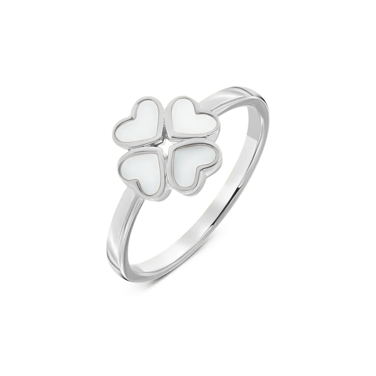 Silberner Ring mit vier herzförmigen Elementen aus weißem Muttermilch-Kunstharz.