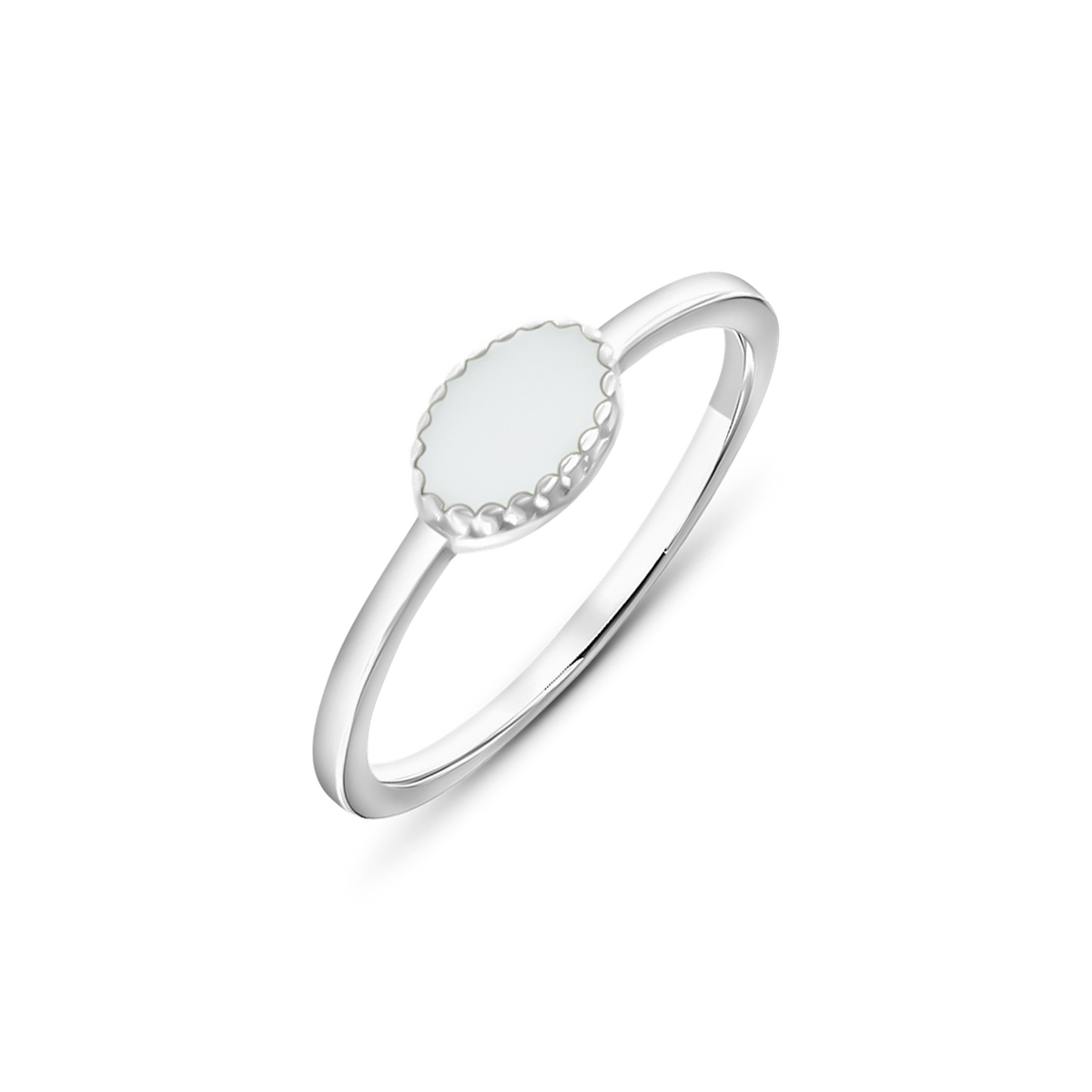 Silberner Ring Luna mit quer liegendem, ovalem Muttermilchstein in einem Rand aus kleinen Kügelchen