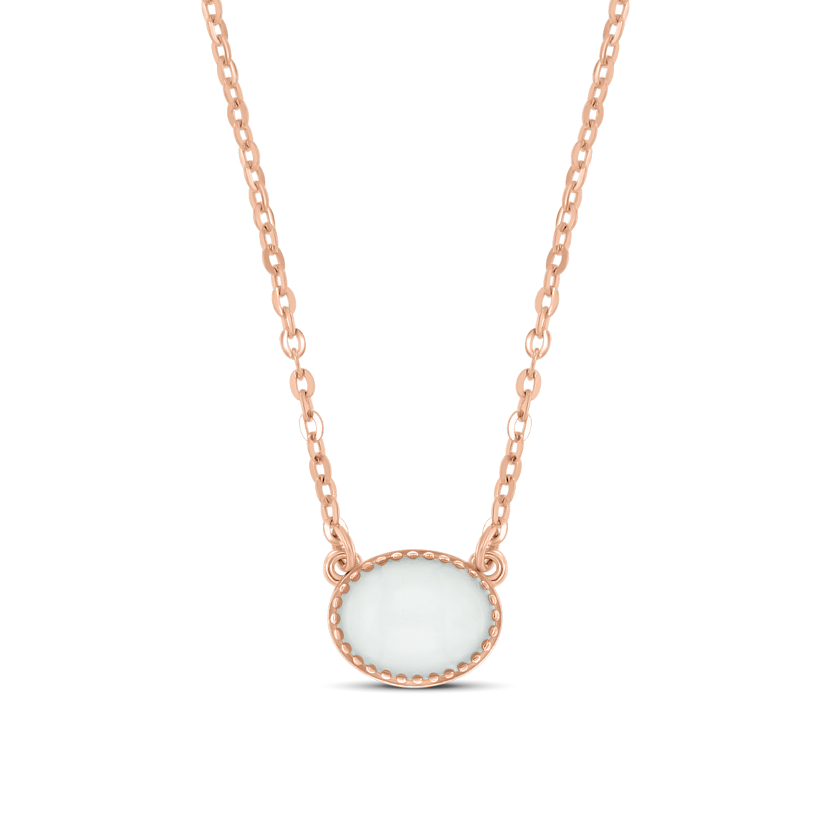 Roségoldene Kette mit ovalem Anhänger aus Muttermilch-Kunstharz, umrandet von einer feinen, strukturierten Fassung.