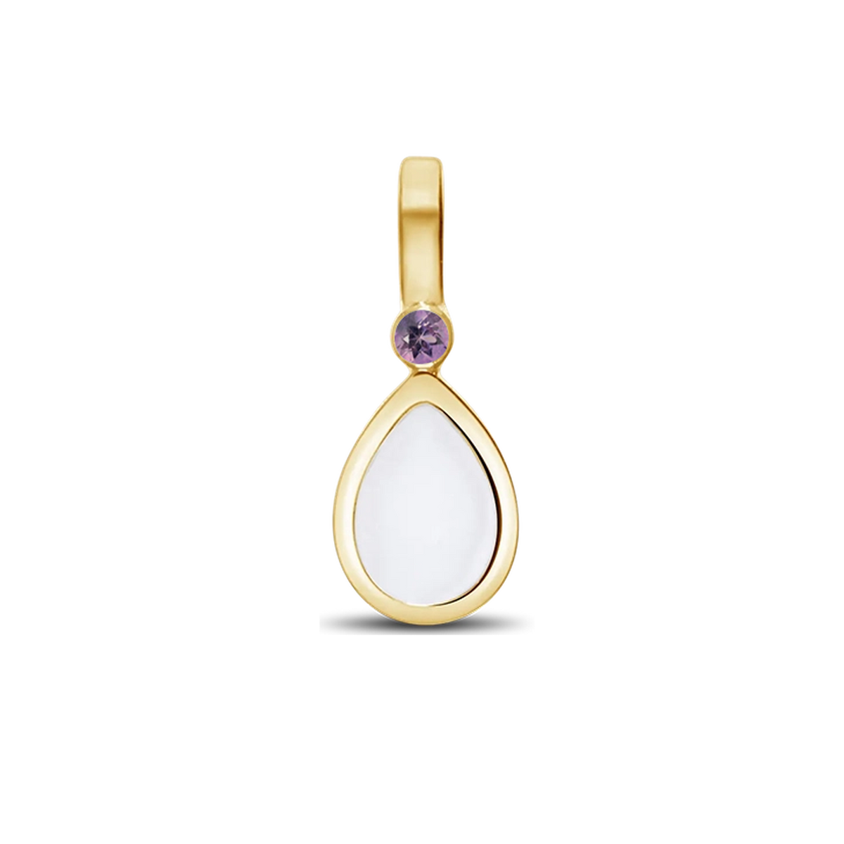 Magic Drop Muttermilch-Anhänger in Gelbgold mit weißem Tropfen aus Muttermilch und einem lila Amethyst als Geburtsstein Juni unter der Öse