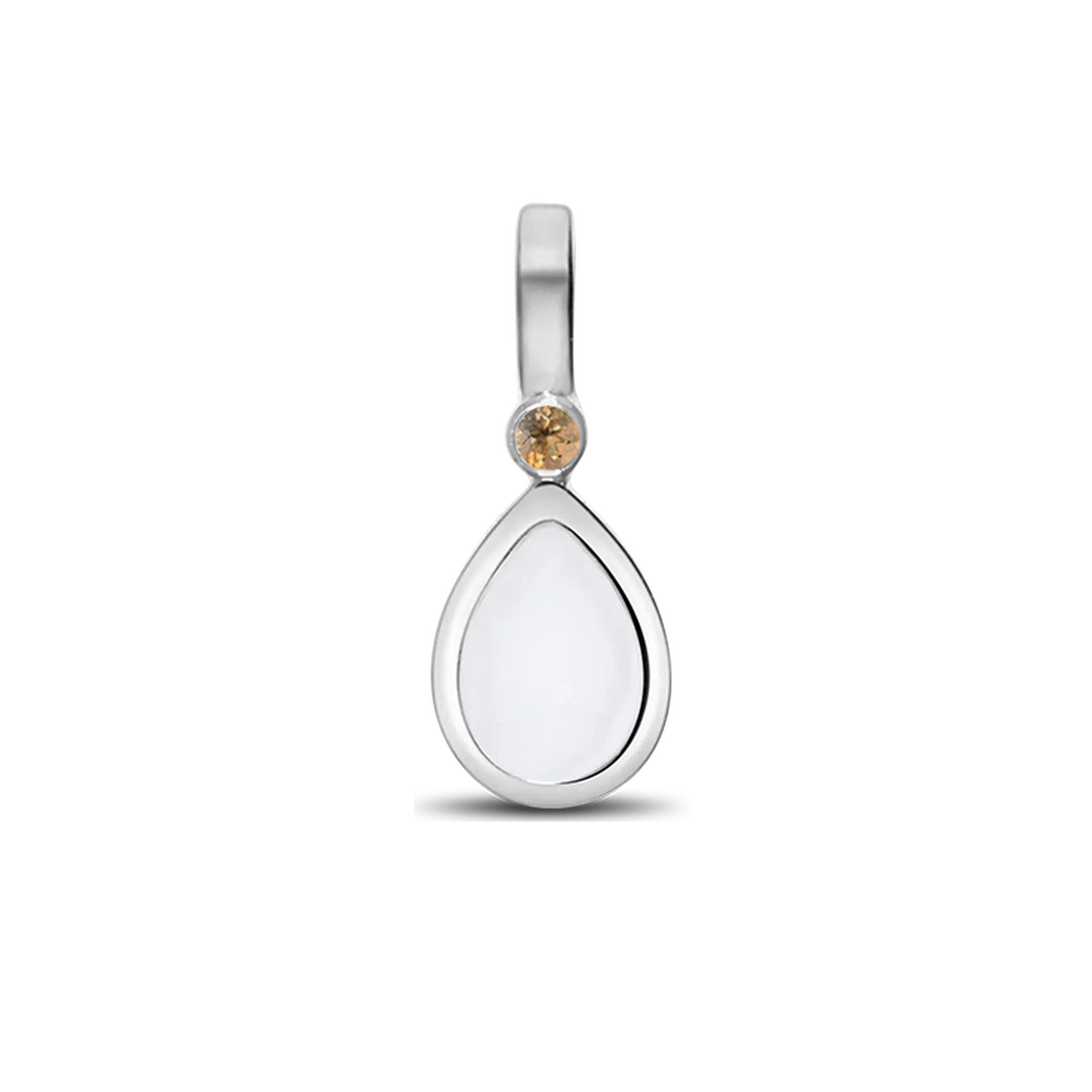 Muttermilch-Anhänger in Silber mit tropfenförmiger Kunstharzfläche und einem kleinen, runden Stein in Gold.