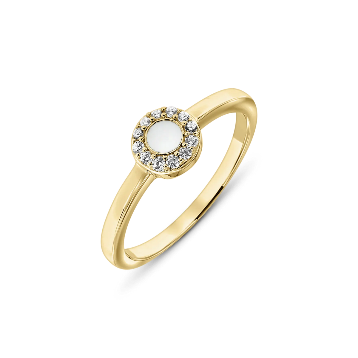 Goldener Ring mit runder Fassung, in der eine Muttermilch-Kunstharzfläche sitzt, umgeben von kleinen, funkelnden Steinen.