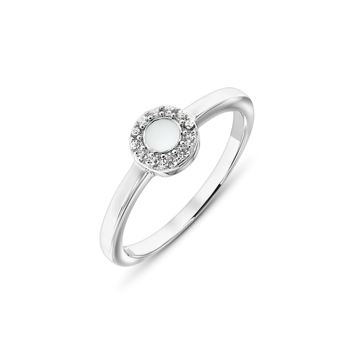 Schmaler Ring aus glänzendem Silber mit runder Fassung, umgeben von kleinen, funkelnden Steinen und einer zentralen Fläche aus Muttermilch-Kunstharz.
