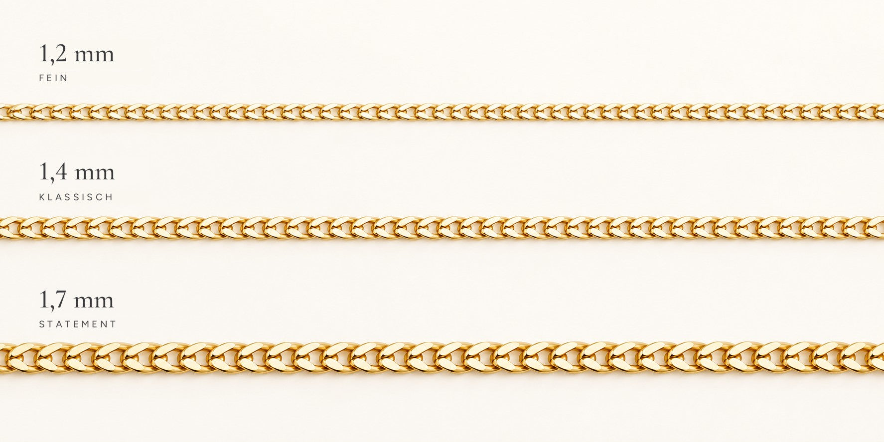 Fein 1,2 mm, Klassisch 1,4 mm und Statement 1,7 mm im Vergleich