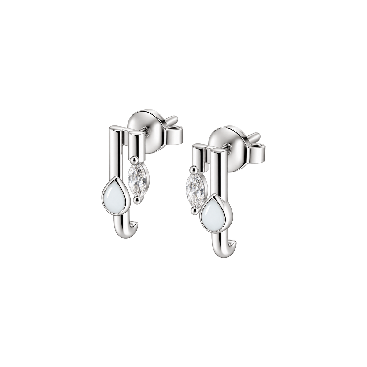 Naomi Muttermilch-Ohrstecker in Silber mit zwei Stäbchen, Muttermilchtropfen am langen und klarem Marquise-Stein am kurzen