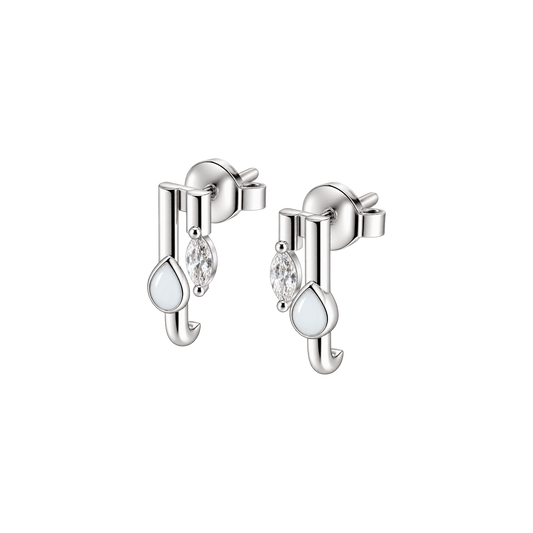 Naomi Muttermilch-Ohrstecker in Silber mit zwei Stäbchen, Muttermilchtropfen am langen und klarem Marquise-Stein am kurzen