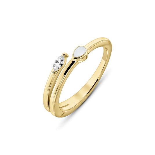 Zweifacher Ring aus glänzendem Gold mit einem klaren Stein und einer Muttermilch-Kunstharz-Oberfläche in Tropfenform.