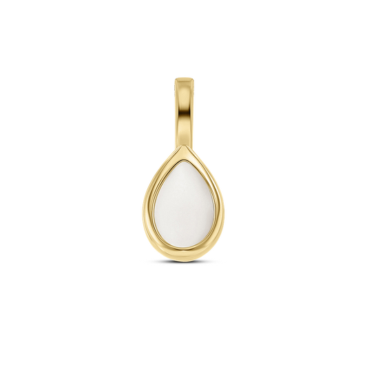 Tropfenförmiger Anhänger aus goldfarbenem Metall mit einer glatten, weißen Fläche aus Muttermilch-Kunstharz.