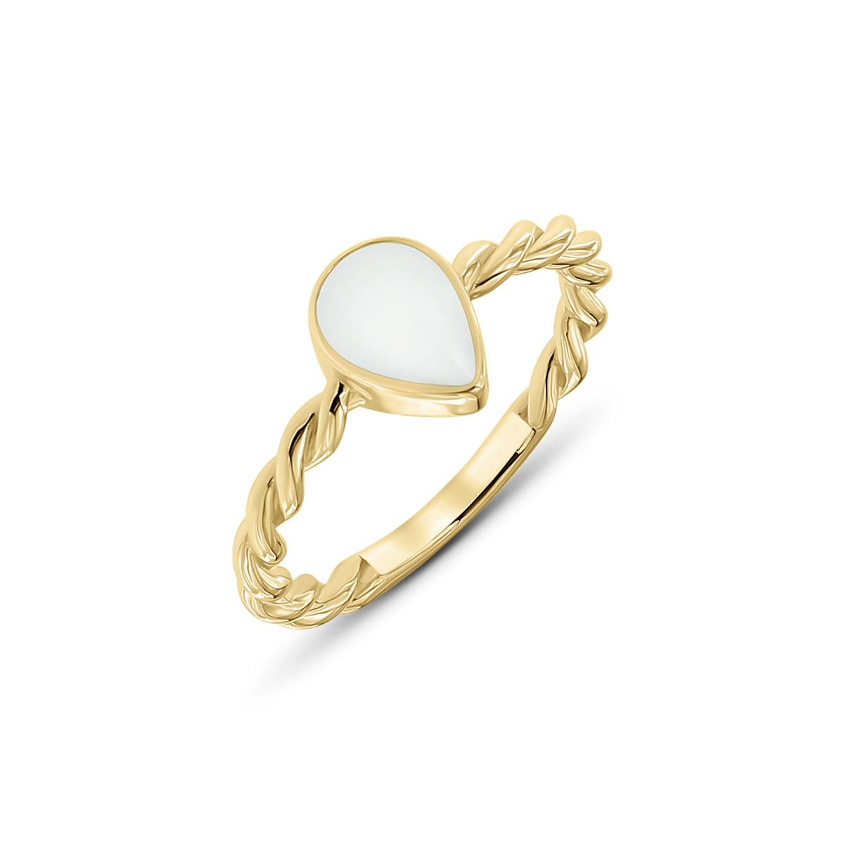 Goldener Ring Turning Droplet mit tropfenförmigem Muttermilchstein auf kordelartig gedrehtem Band