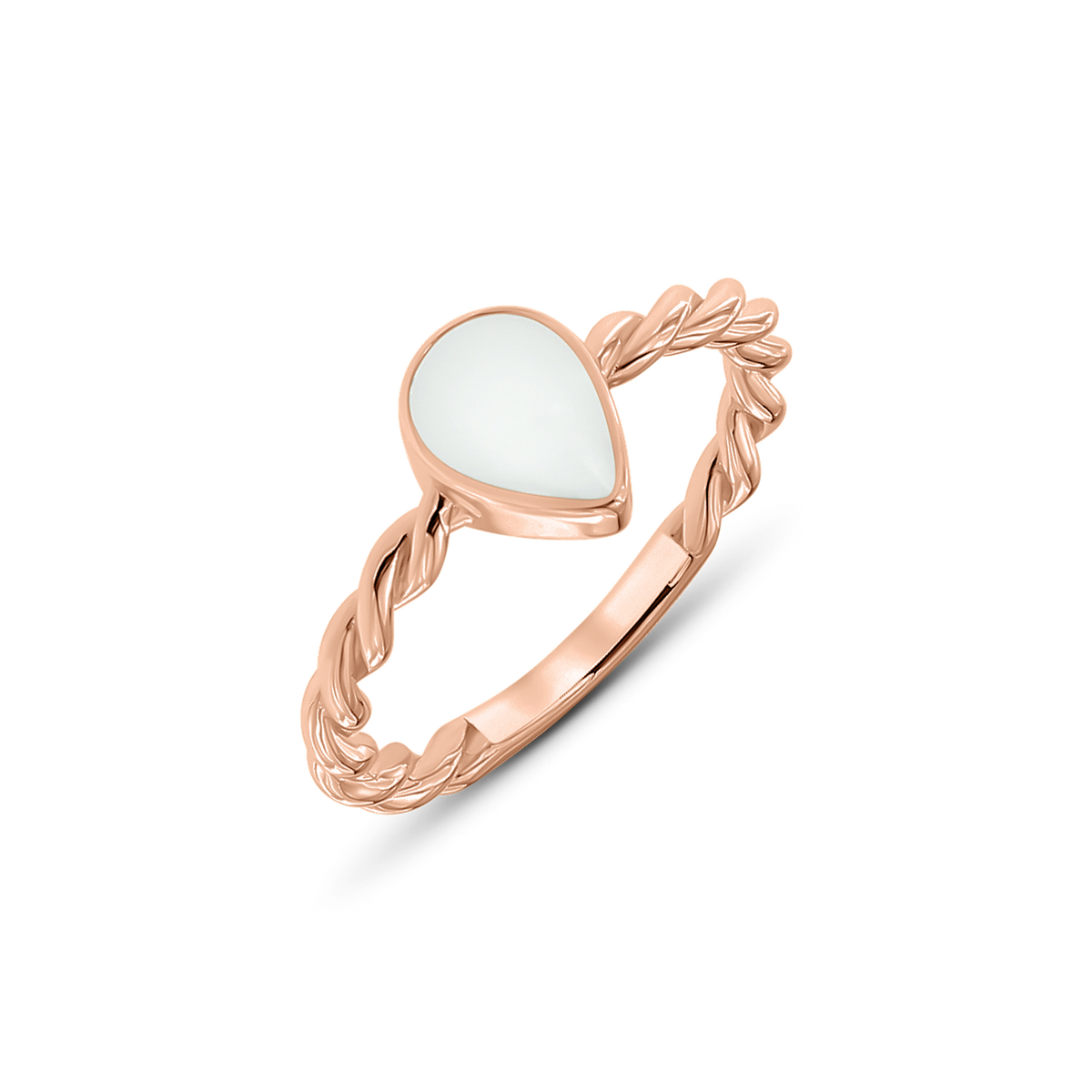 Roségoldener Ring Turning Droplet mit tropfenförmigem Muttermilchstein auf gedrehtem Band
